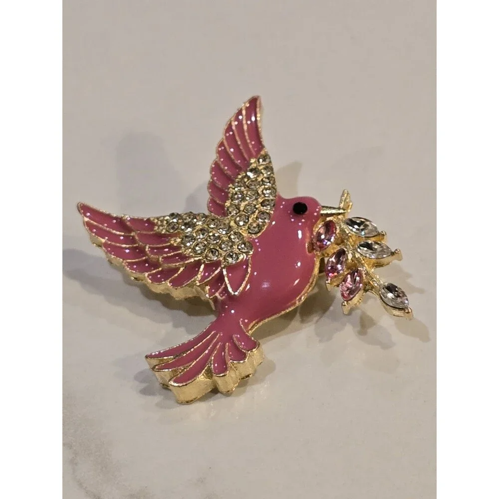 Pink Enamel Bird Brooch Rhinestone Flower Branch Gold Tone Dove Songbird Pin